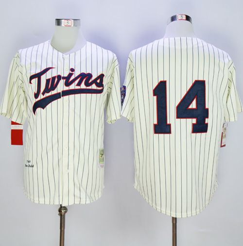 Mitchell And Ness 1969 Twins #14 Kent Hrbek Cream Strip Throwback Stitched MLB Jersey - Click Image to Close